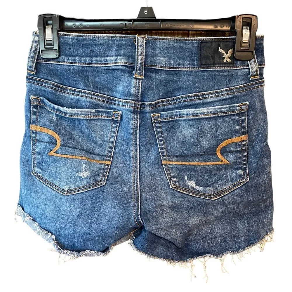 American Eagle Sz 0 Blue Denim Distressed Hi-Rise Shortie Super Stretch Shorts